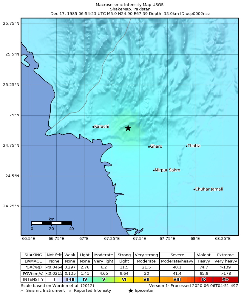 USGS ShakeMap: estimated shaking intensity around the epicenter