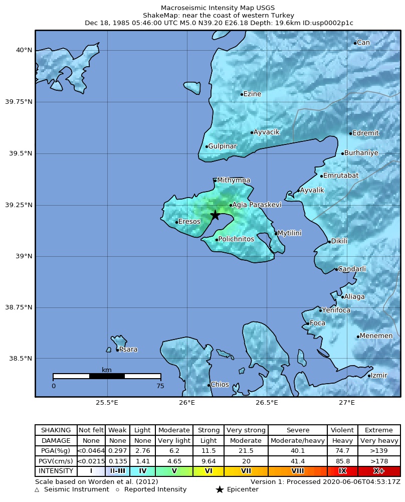 USGS ShakeMap: estimated shaking intensity around the epicenter