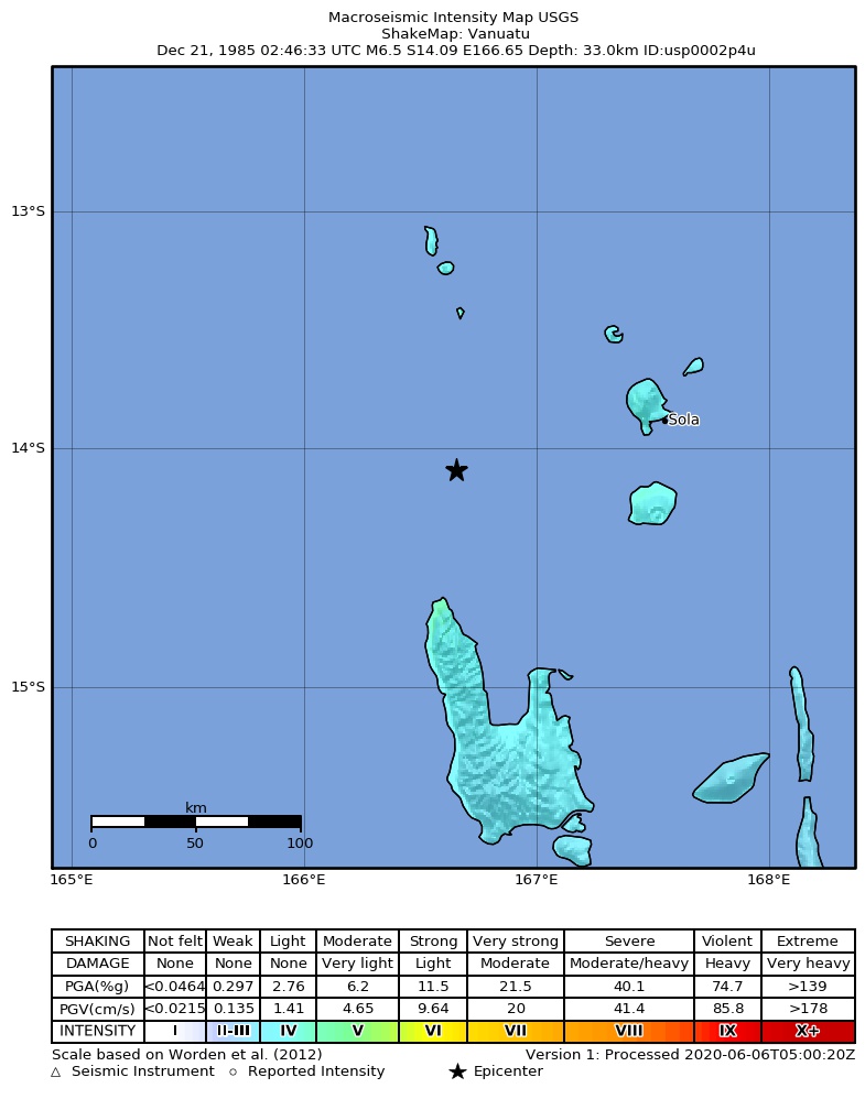USGS ShakeMap: estimated shaking intensity around the epicenter