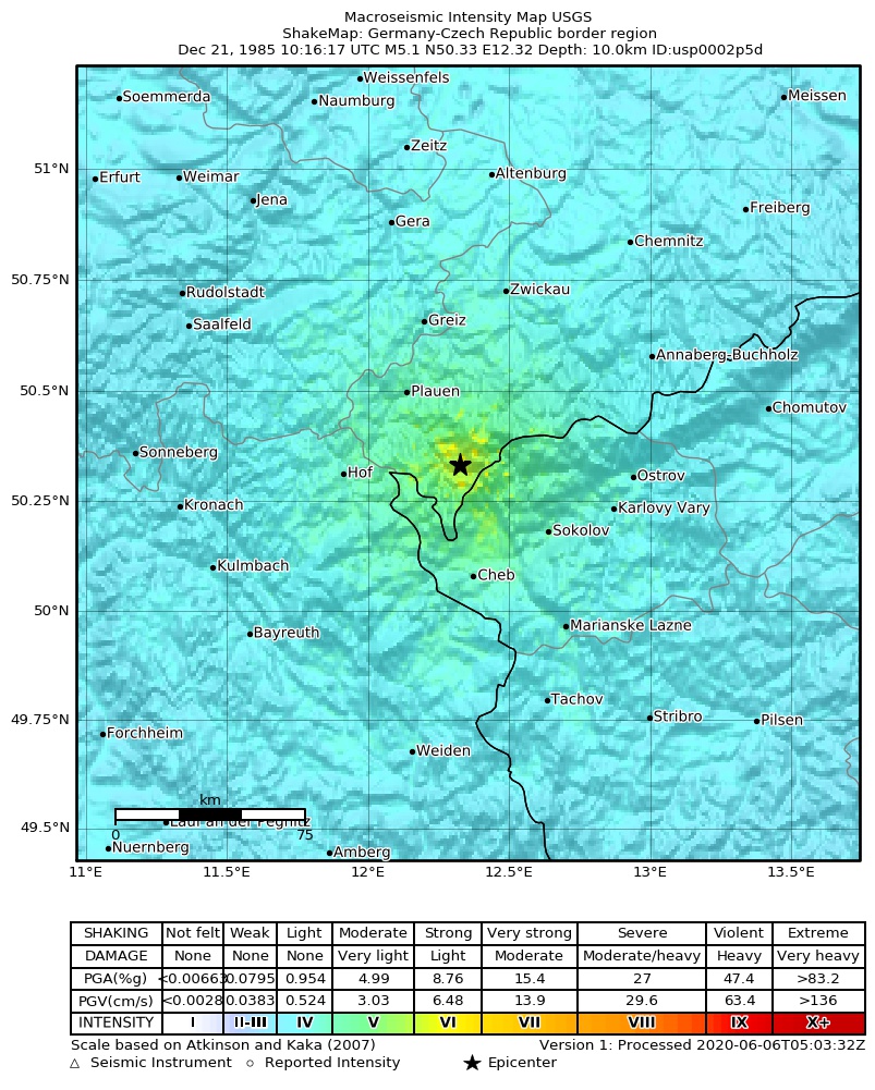 USGS ShakeMap: estimated shaking intensity around the epicenter