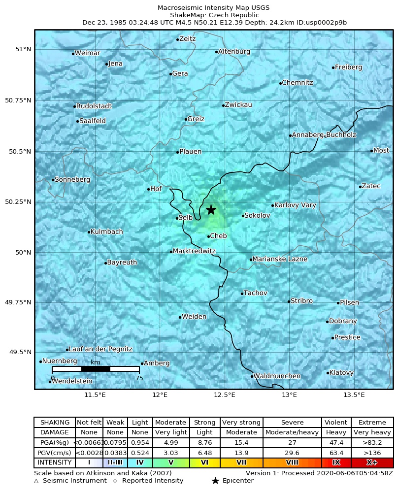 USGS ShakeMap: estimated shaking intensity around the epicenter