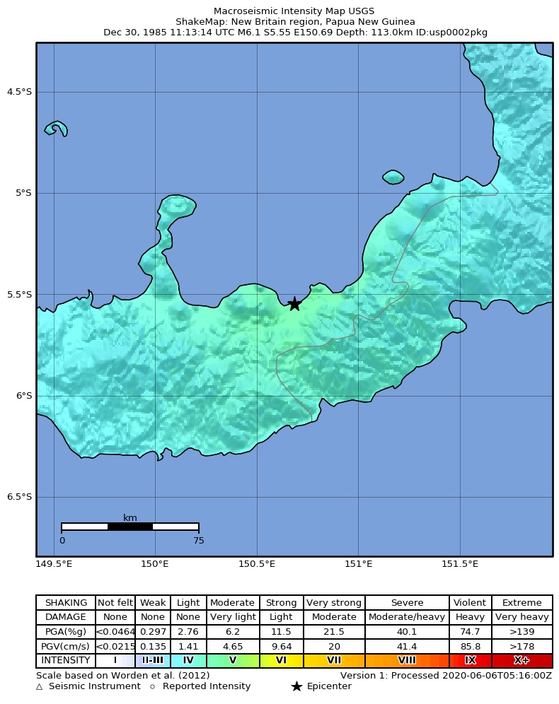 USGS ShakeMap: estimated shaking intensity around the epicenter