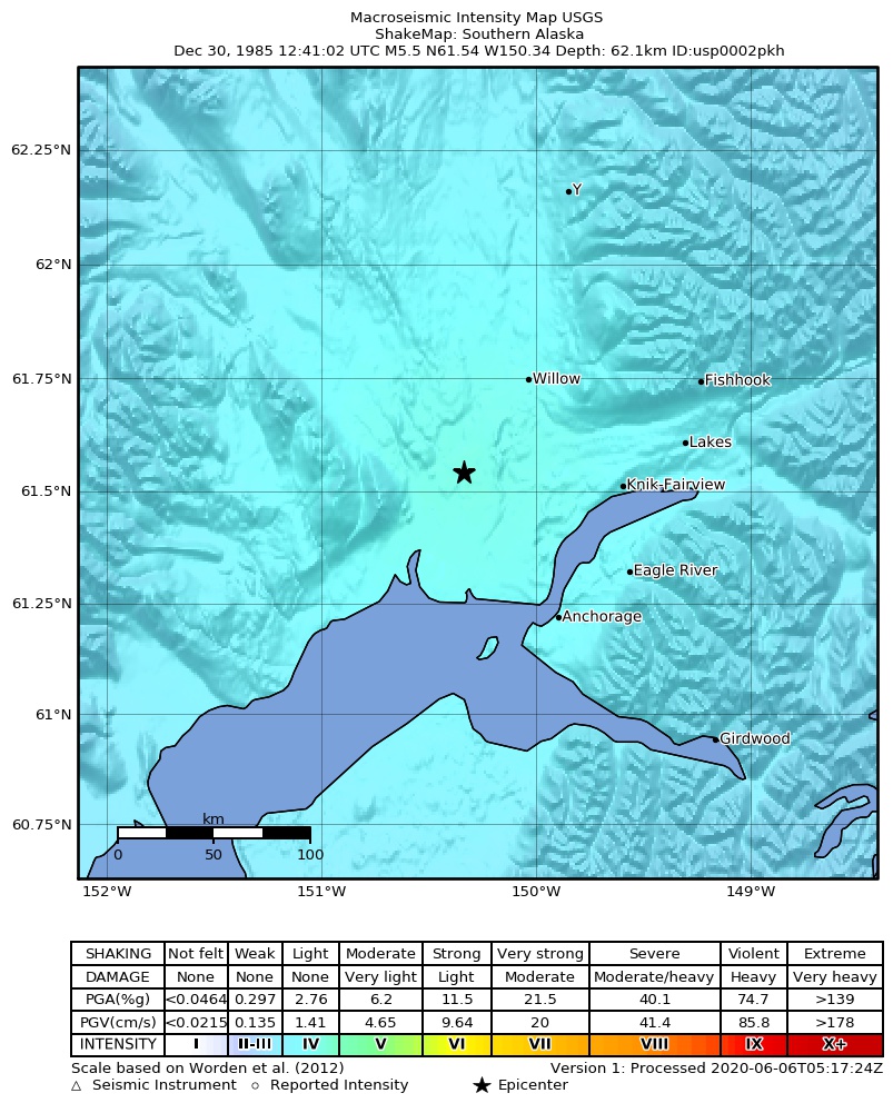 USGS ShakeMap: estimated shaking intensity around the epicenter