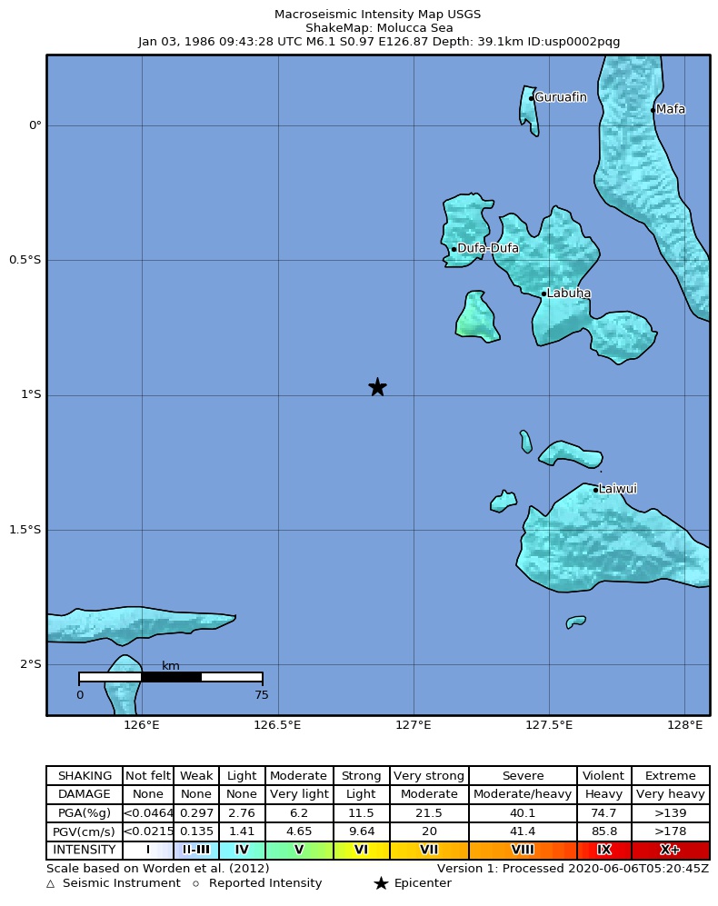 USGS ShakeMap: estimated shaking intensity around the epicenter