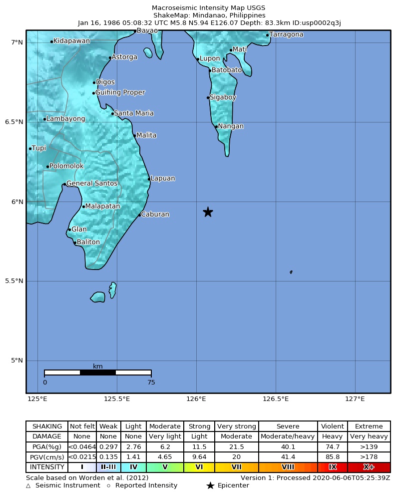 USGS ShakeMap: estimated shaking intensity around the epicenter