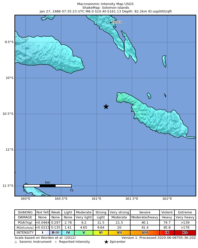 USGS ShakeMap: estimated shaking intensity around the epicenter