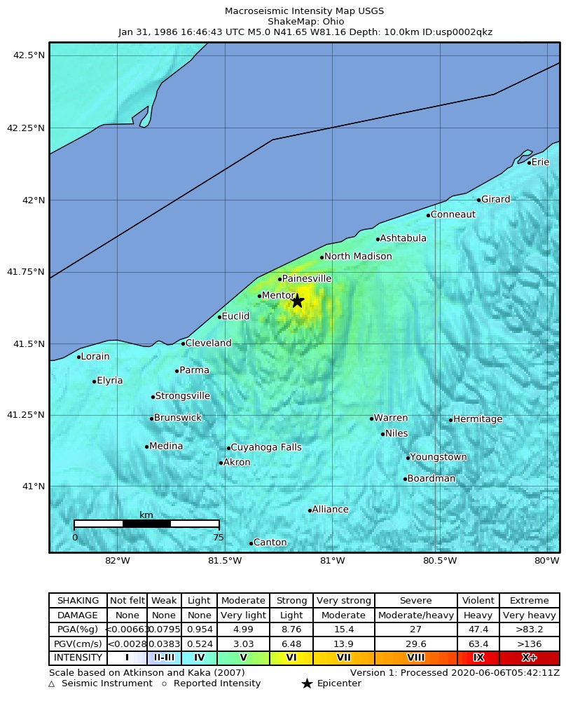 USGS ShakeMap: estimated shaking intensity around the epicenter