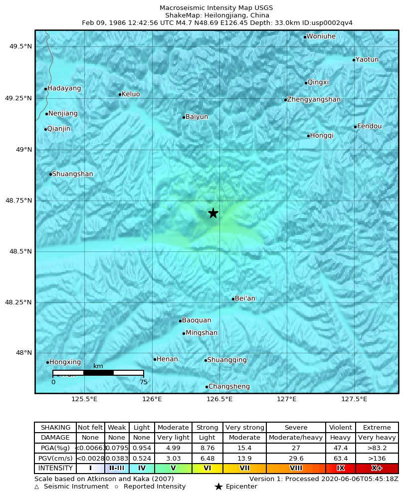 USGS ShakeMap: estimated shaking intensity around the epicenter