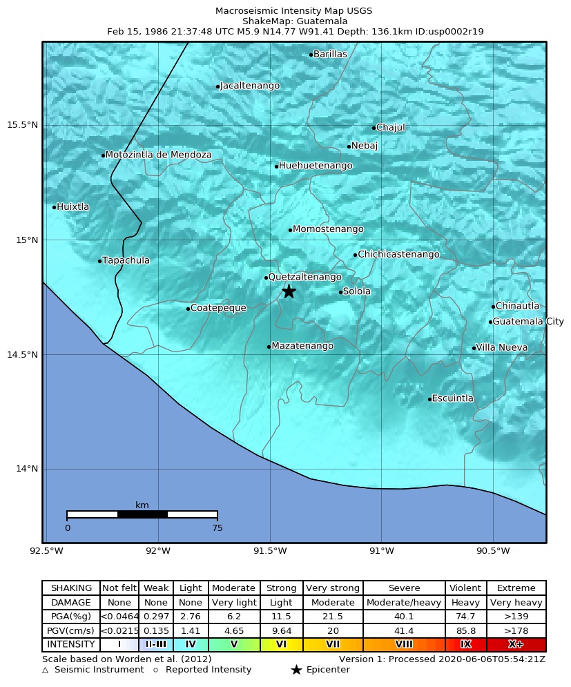 USGS ShakeMap: estimated shaking intensity around the epicenter