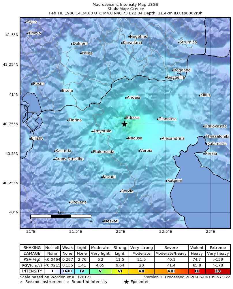 USGS ShakeMap: estimated shaking intensity around the epicenter