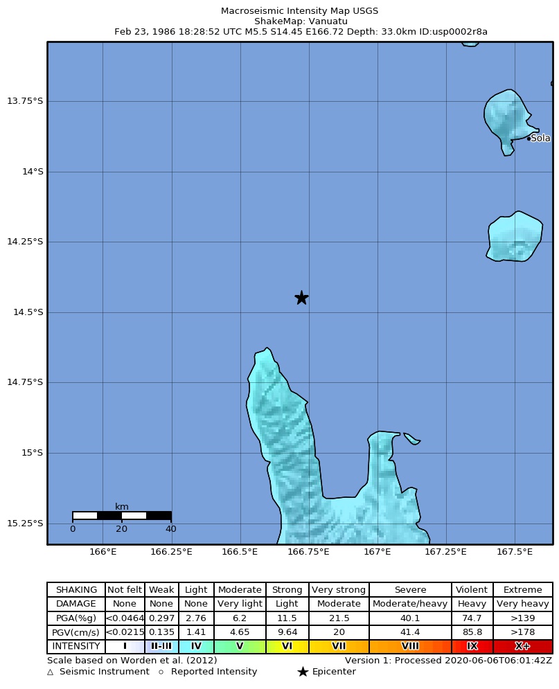 USGS ShakeMap: estimated shaking intensity around the epicenter