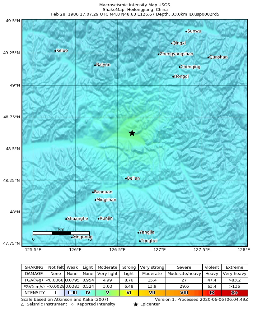 USGS ShakeMap: estimated shaking intensity around the epicenter