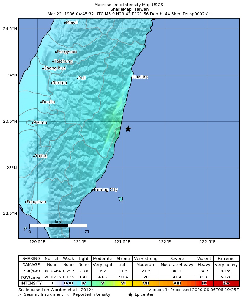 USGS ShakeMap: estimated shaking intensity around the epicenter