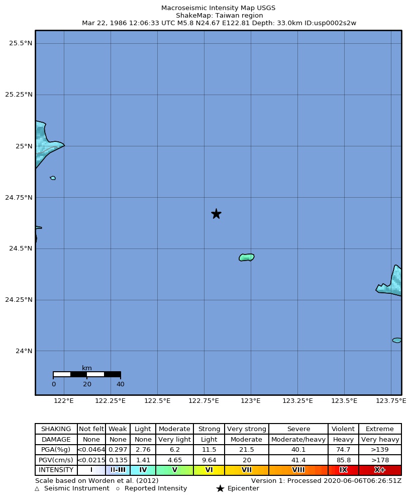 USGS ShakeMap: estimated shaking intensity around the epicenter