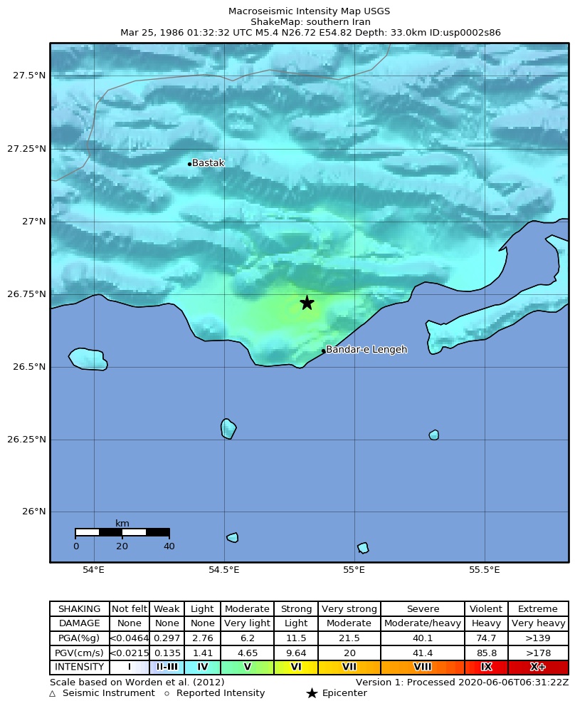USGS ShakeMap: estimated shaking intensity around the epicenter