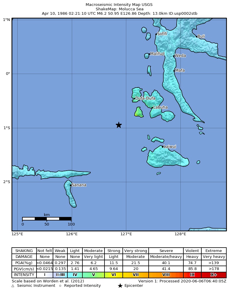 USGS ShakeMap: estimated shaking intensity around the epicenter