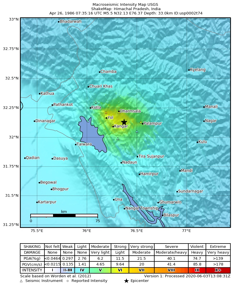 USGS ShakeMap: estimated shaking intensity around the epicenter
