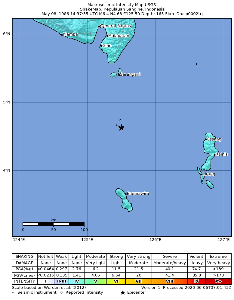 USGS ShakeMap: estimated shaking intensity around the epicenter