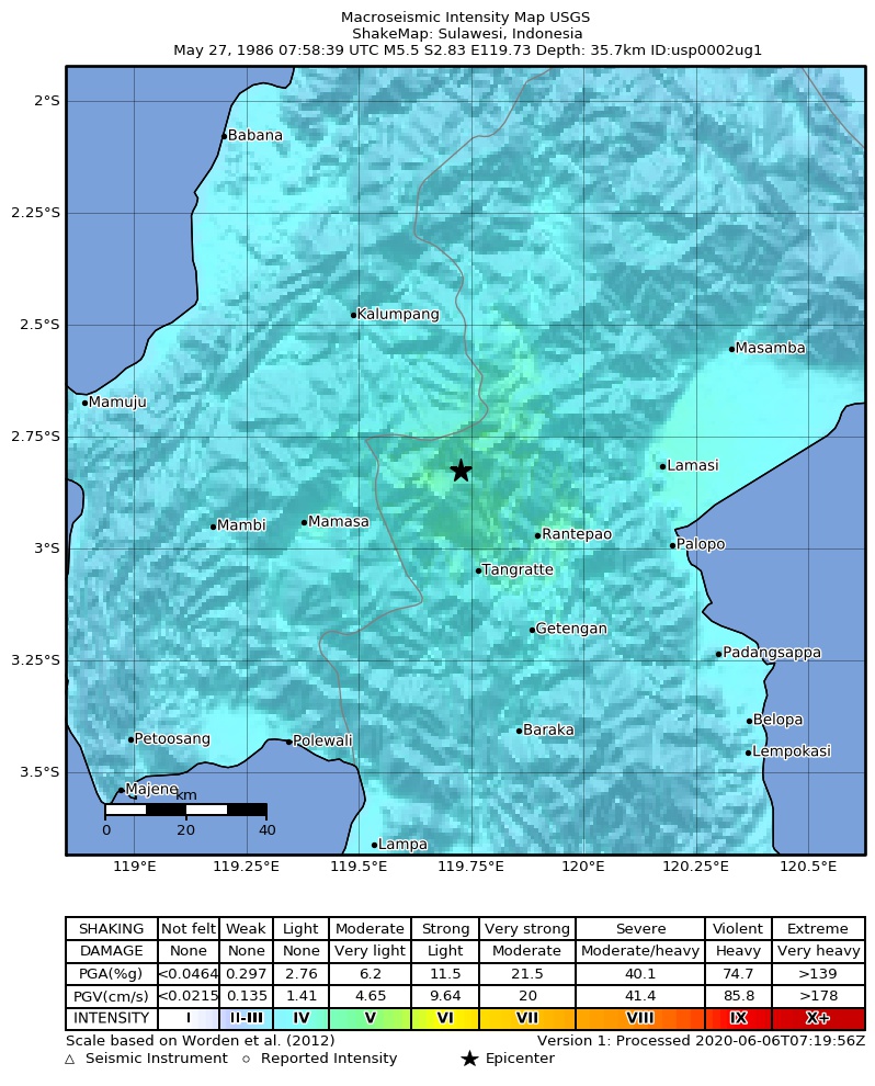 USGS ShakeMap: estimated shaking intensity around the epicenter