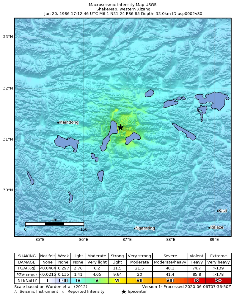 USGS ShakeMap: estimated shaking intensity around the epicenter