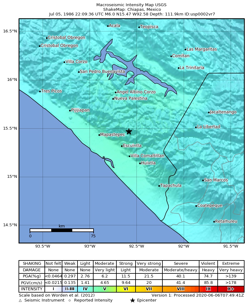 USGS ShakeMap: estimated shaking intensity around the epicenter