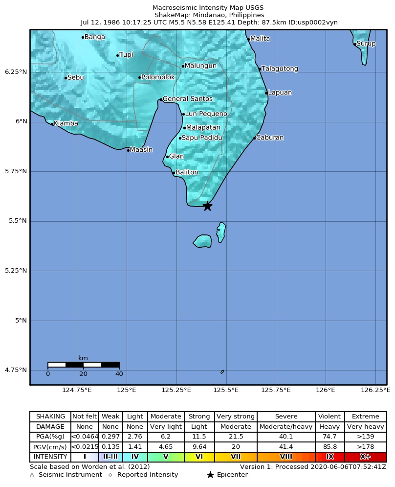 USGS ShakeMap: estimated shaking intensity around the epicenter