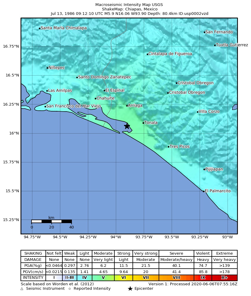 USGS ShakeMap: estimated shaking intensity around the epicenter