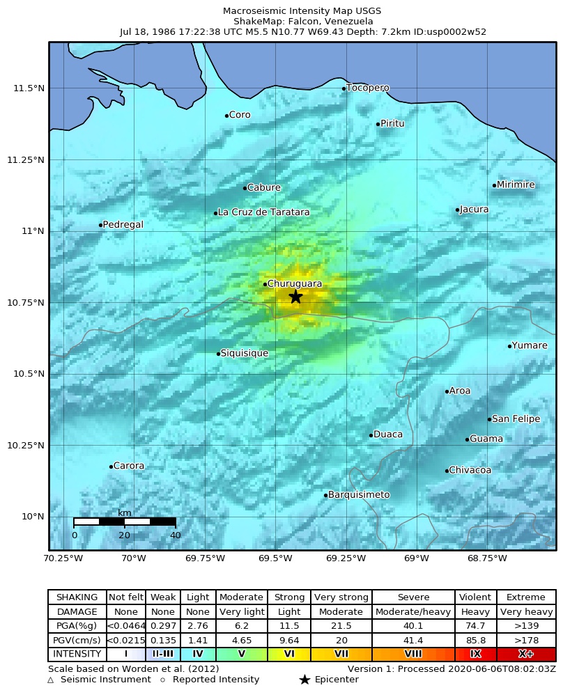 USGS ShakeMap: estimated shaking intensity around the epicenter