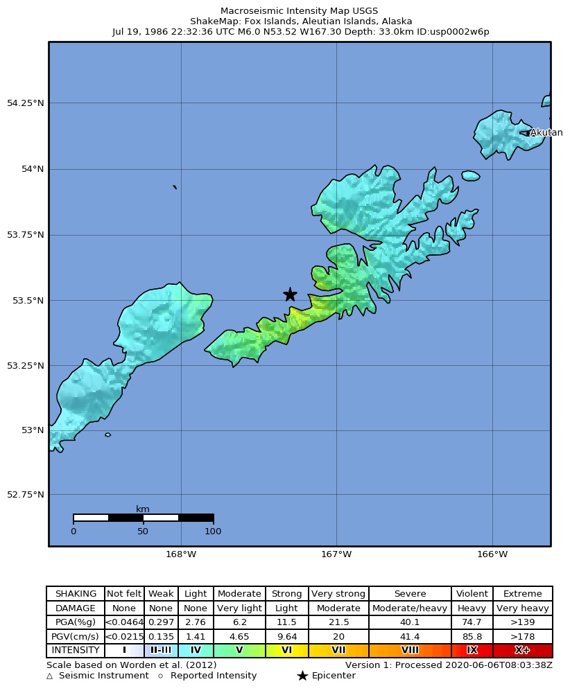USGS ShakeMap: estimated shaking intensity around the epicenter