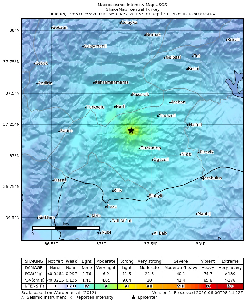 USGS ShakeMap: estimated shaking intensity around the epicenter