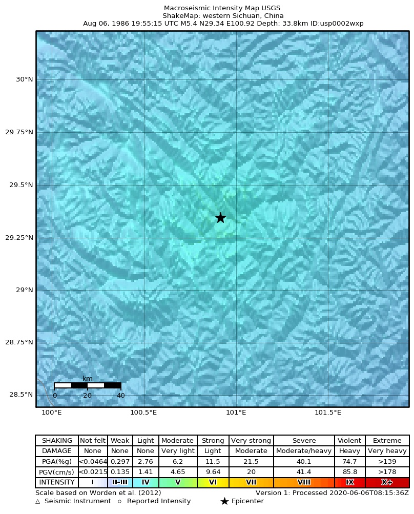 USGS ShakeMap: estimated shaking intensity around the epicenter