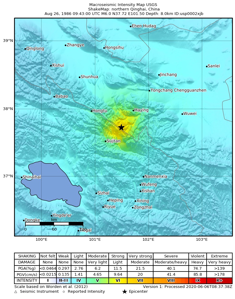 USGS ShakeMap: estimated shaking intensity around the epicenter