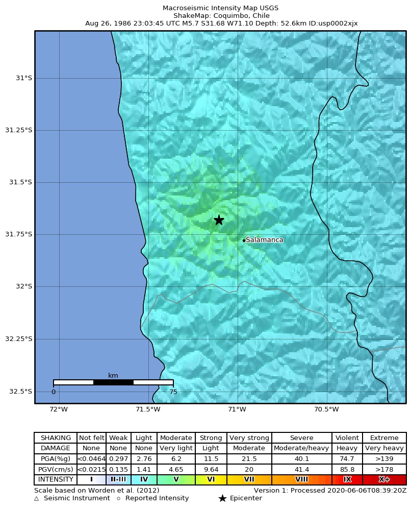 USGS ShakeMap: estimated shaking intensity around the epicenter