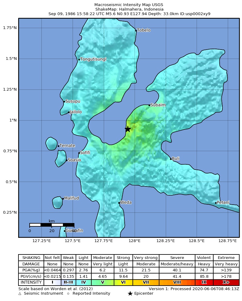 USGS ShakeMap: estimated shaking intensity around the epicenter