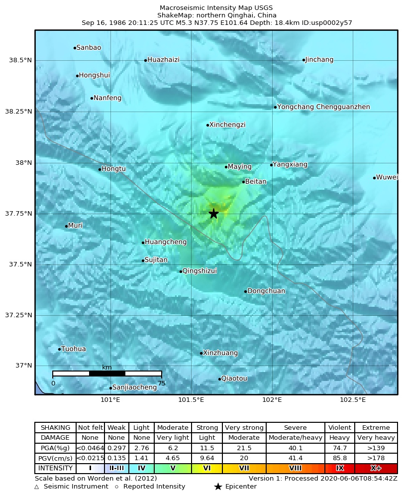 USGS ShakeMap: estimated shaking intensity around the epicenter
