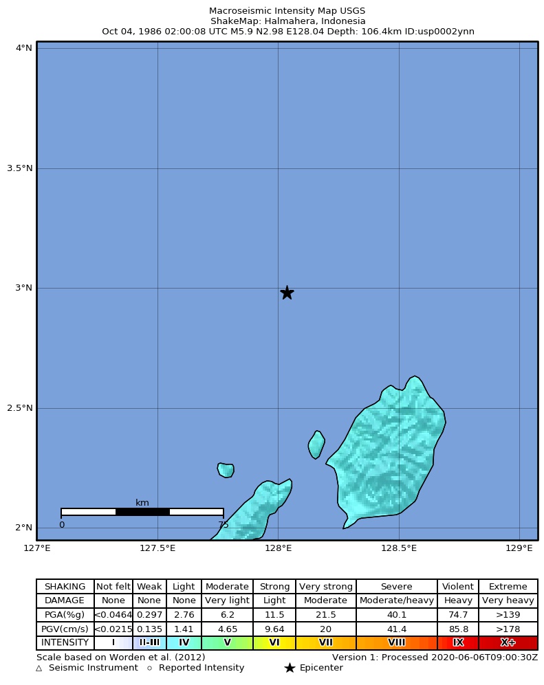 USGS ShakeMap: estimated shaking intensity around the epicenter