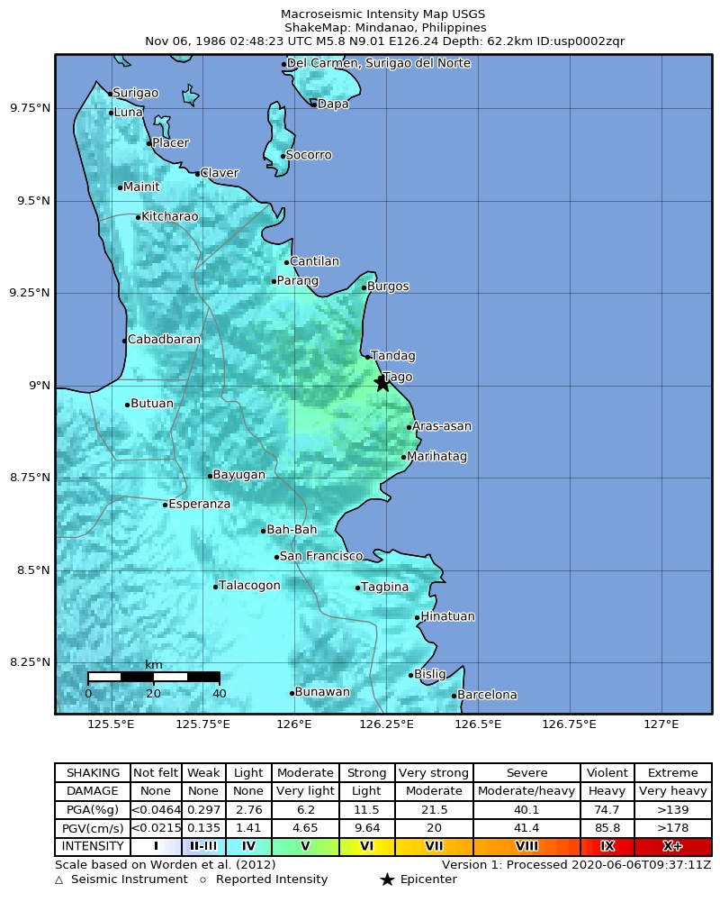 USGS ShakeMap: estimated shaking intensity around the epicenter