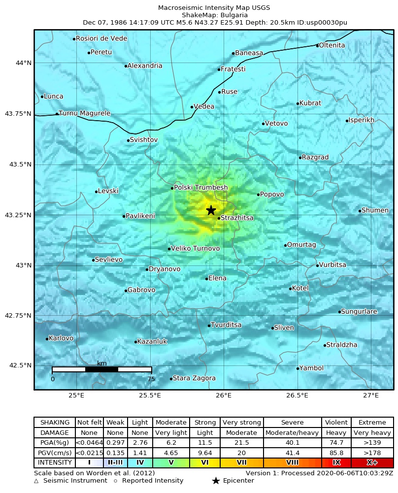 USGS ShakeMap: estimated shaking intensity around the epicenter