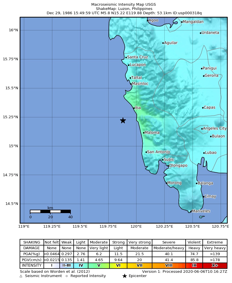USGS ShakeMap: estimated shaking intensity around the epicenter