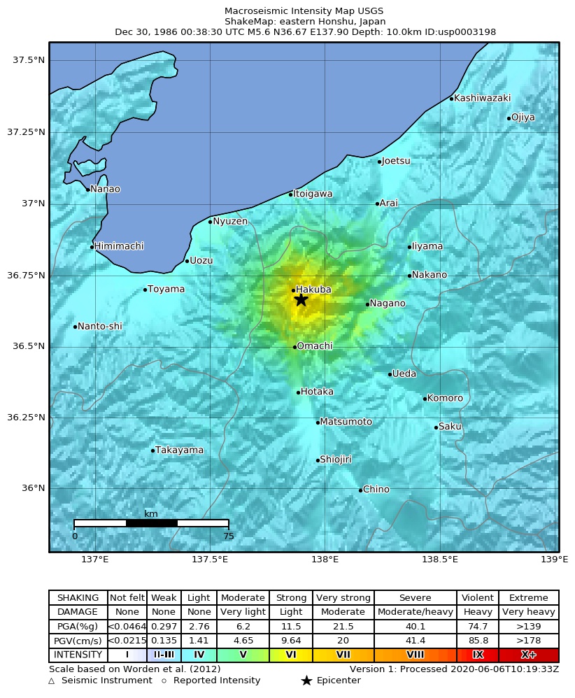 USGS ShakeMap: estimated shaking intensity around the epicenter