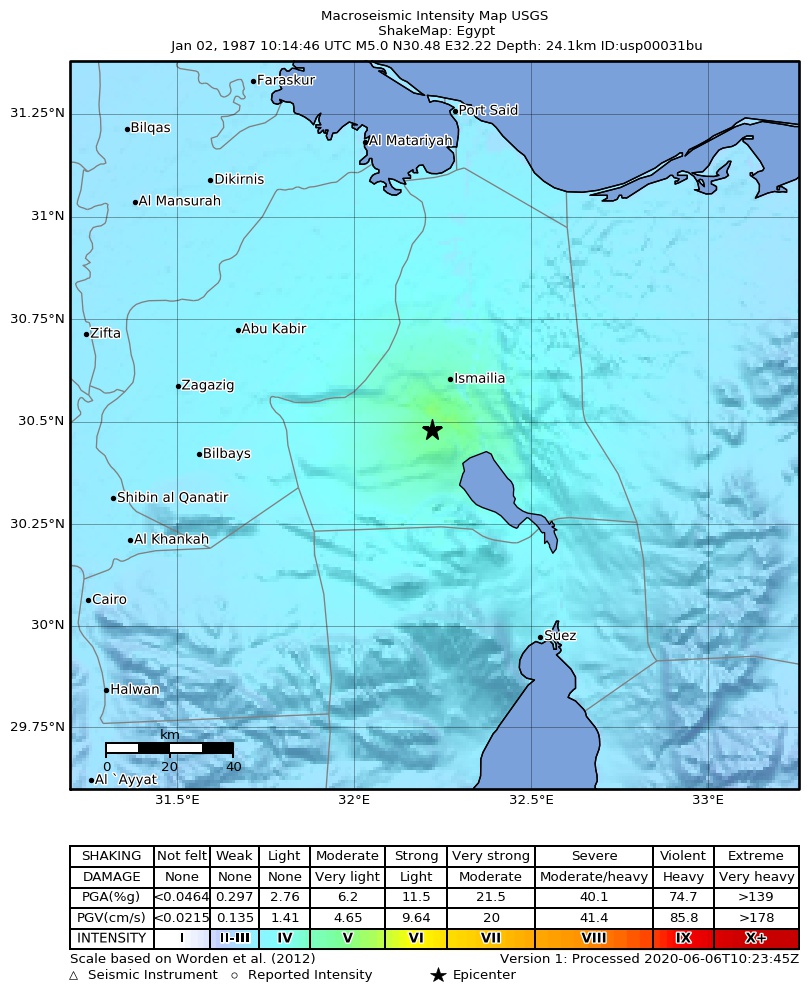 USGS ShakeMap: estimated shaking intensity around the epicenter