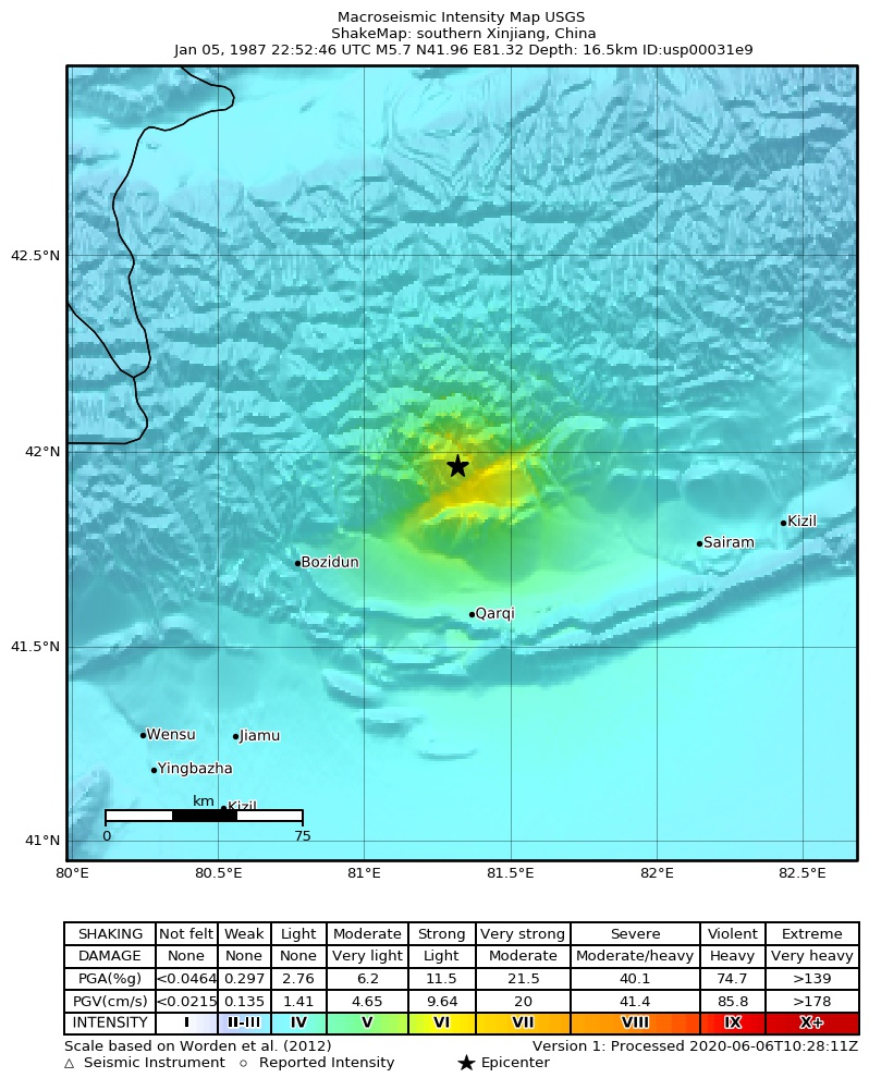 USGS ShakeMap: estimated shaking intensity around the epicenter