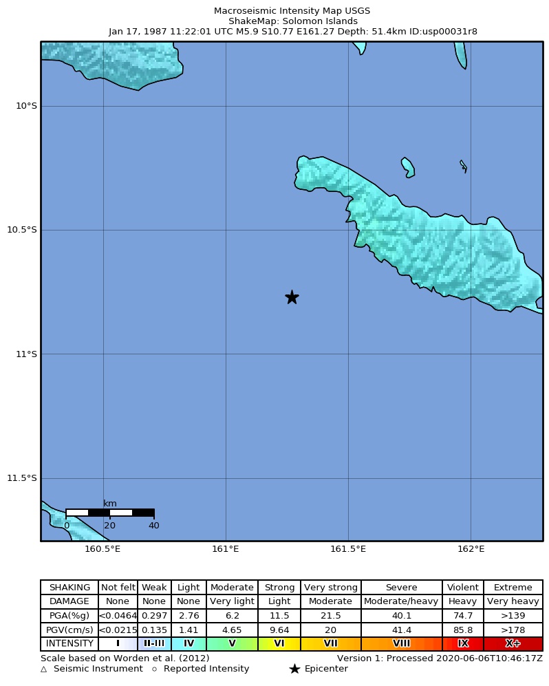 USGS ShakeMap: estimated shaking intensity around the epicenter