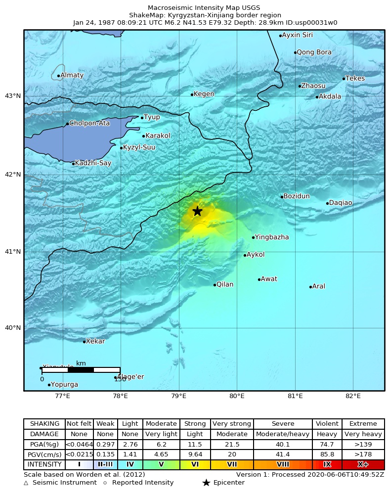 USGS ShakeMap: estimated shaking intensity around the epicenter