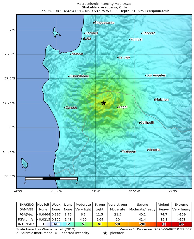 USGS ShakeMap: estimated shaking intensity around the epicenter