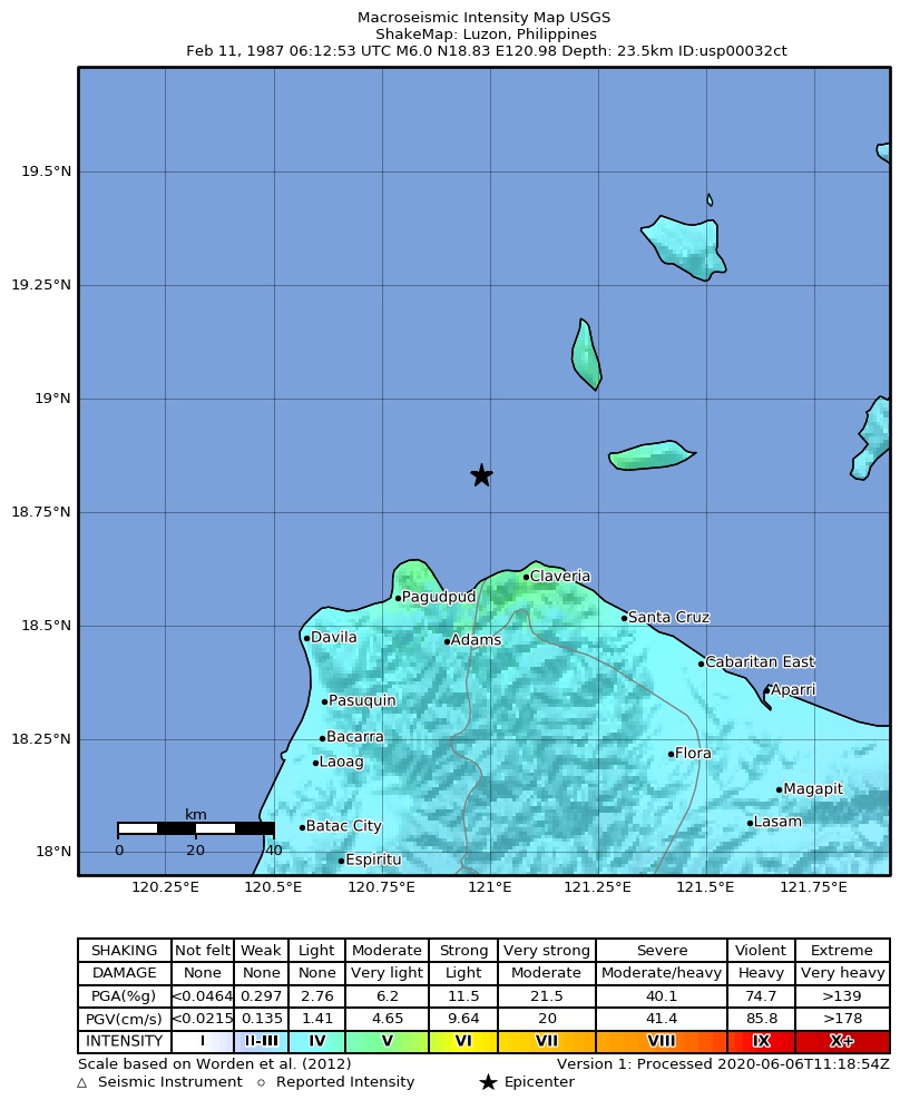 USGS ShakeMap: estimated shaking intensity around the epicenter