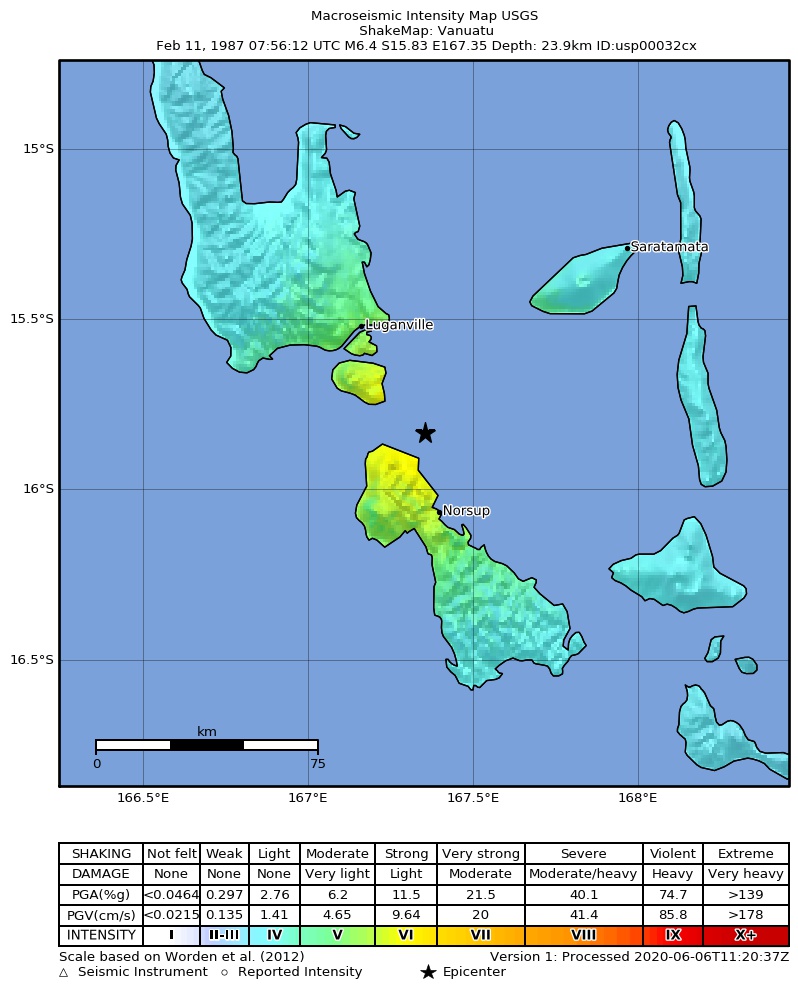 USGS ShakeMap: estimated shaking intensity around the epicenter