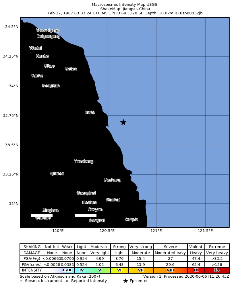 USGS ShakeMap: estimated shaking intensity around the epicenter