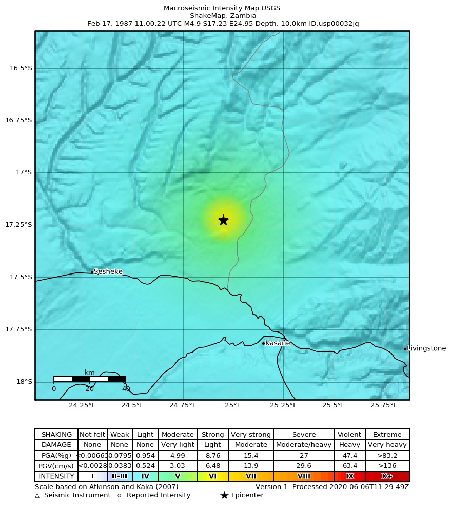 USGS ShakeMap: estimated shaking intensity around the epicenter