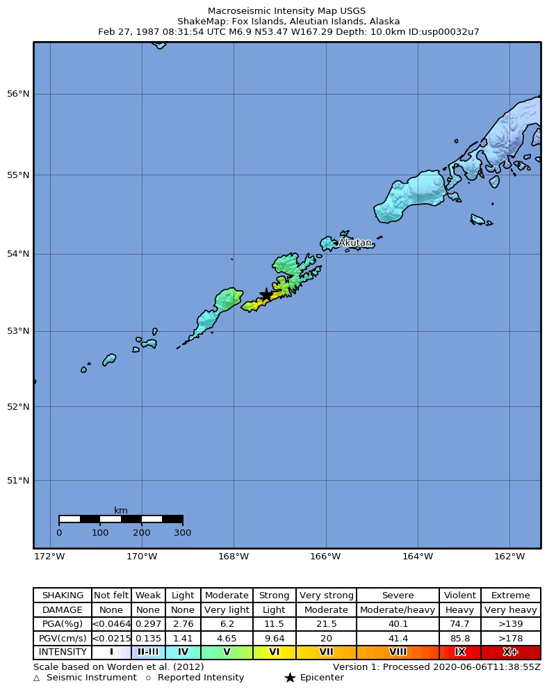 USGS ShakeMap: estimated shaking intensity around the epicenter